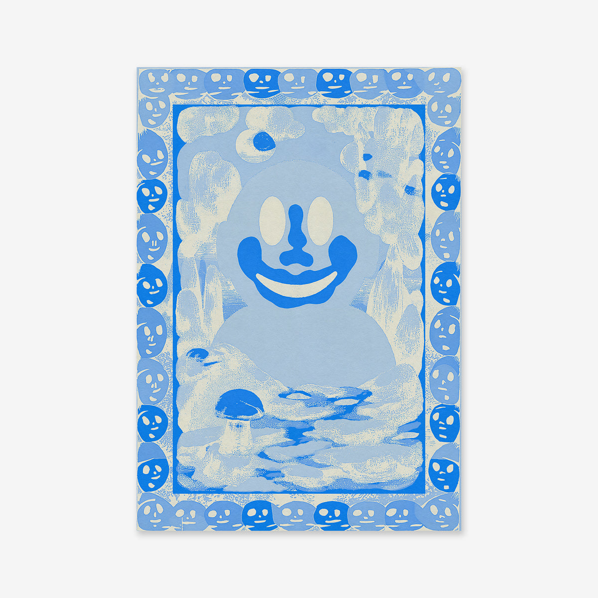 “Happy Place” is a whimsical blue and white giclée art print featuring a smiling, cartoon-like figure with large eyes, wavy patterns, and a border of smiley faces—perfect for adding charm to any modern space.