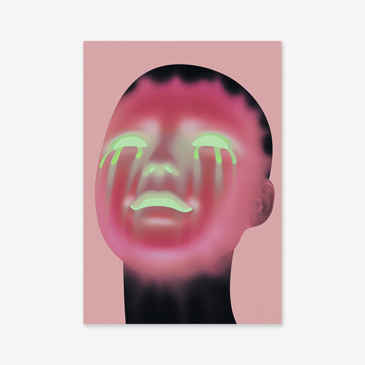 Happy Tears is a stylized digital illustration featuring a glowing pink face with neon green streaks like tears on a pale pink background—ideal as a Giclée art print to bring vibrant flair to any modern space.