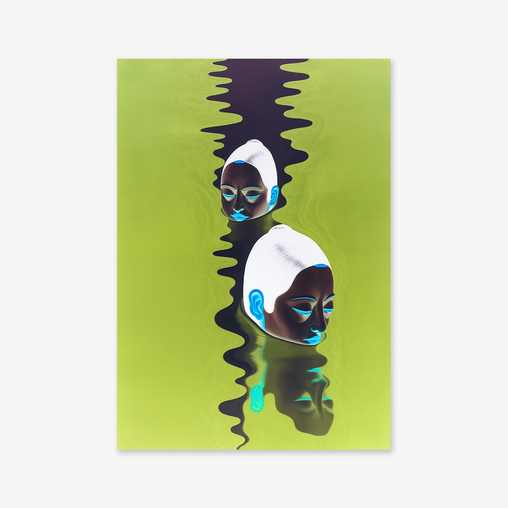 “Head above water No. 2” features two stylized faces with blue accents and white coverings, partially submerged in green water with mirrored reflections—a surreal giclée art print ideal for modern interior decor.