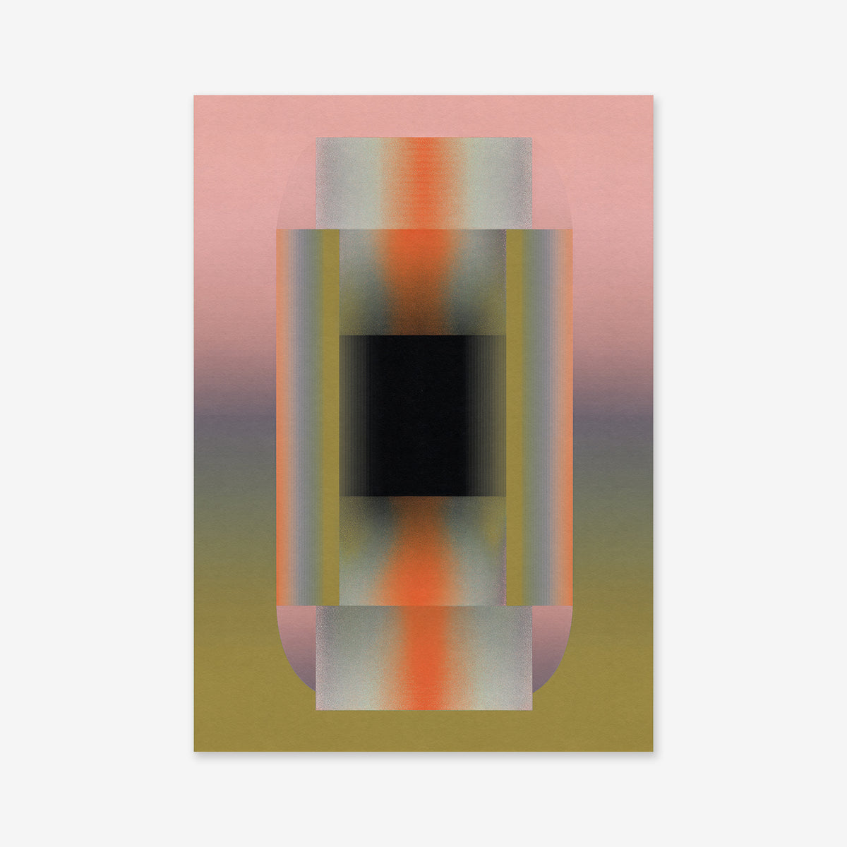 Helmet is an abstract digital artwork with a central black rectangle and gradient bands in orange, gray, and pastel hues. Printed as a giclée art print on archival paper, this geometric piece brings sophistication to modern interiors.