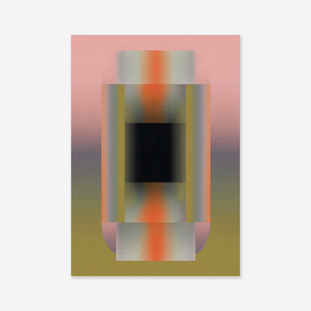 Helmet is an abstract digital artwork with a central black rectangle and gradient bands in orange, gray, and pastel hues. Printed as a giclée art print on archival paper, this geometric piece brings sophistication to modern interiors.