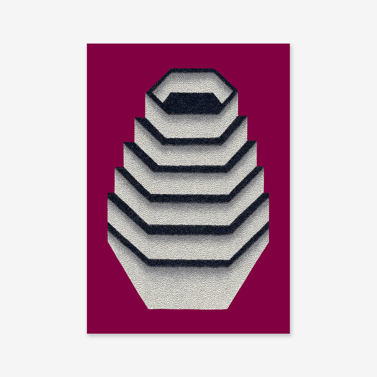 Hexagon vase No 1 features a bold black-and-white, layered hexagonal design on a maroon background—an eye-catching Giclée art print ideal for modern interiors.