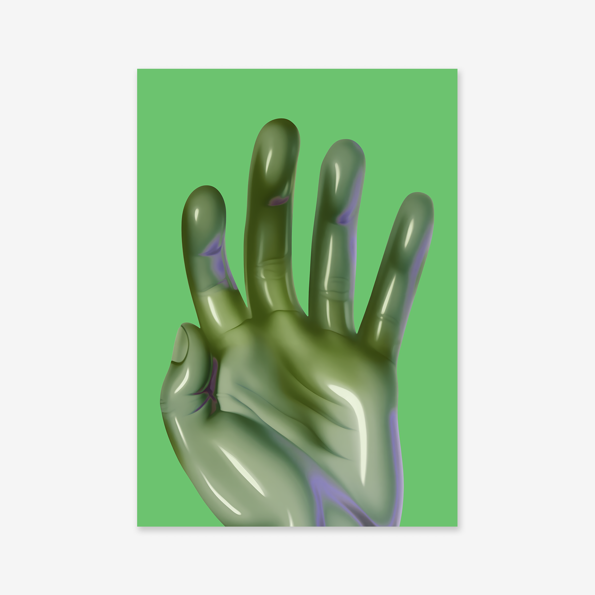 Hi! No. 1 features a glossy, metallic green hand with four fingers raised and the thumb bent, set against a light green background—a striking Giclée art print ideal for modern interiors.
