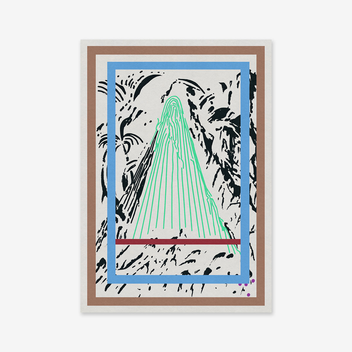 Hidden Hill: A giclée art print featuring a central green triangle with vertical lines over black and white swirls, framed by blue and brown rectangular borders—perfect for a modern interior.