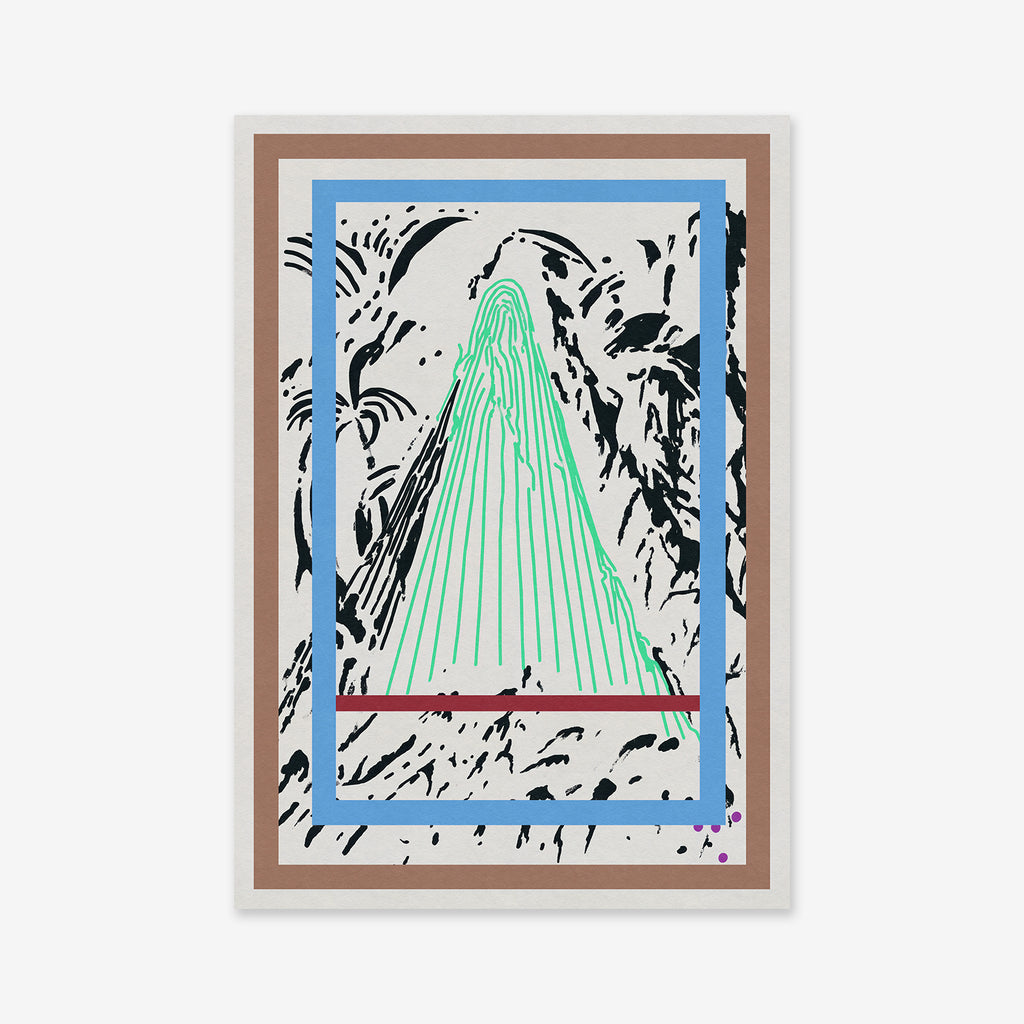 Hidden Hill: A giclée art print featuring a central green triangle with vertical lines over black and white swirls, framed by blue and brown rectangular borders—perfect for a modern interior.