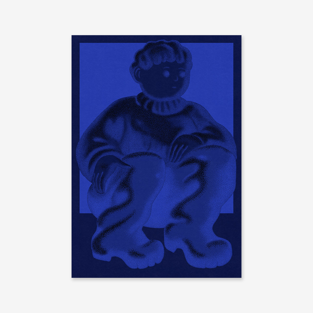 A stylized illustration titled "Hiding" depicts a figure with curly hair and loose clothing, sitting with bent knees in rich blue and purple hues on a rectangular blue background—ideal as a Giclée art print for modern interiors.