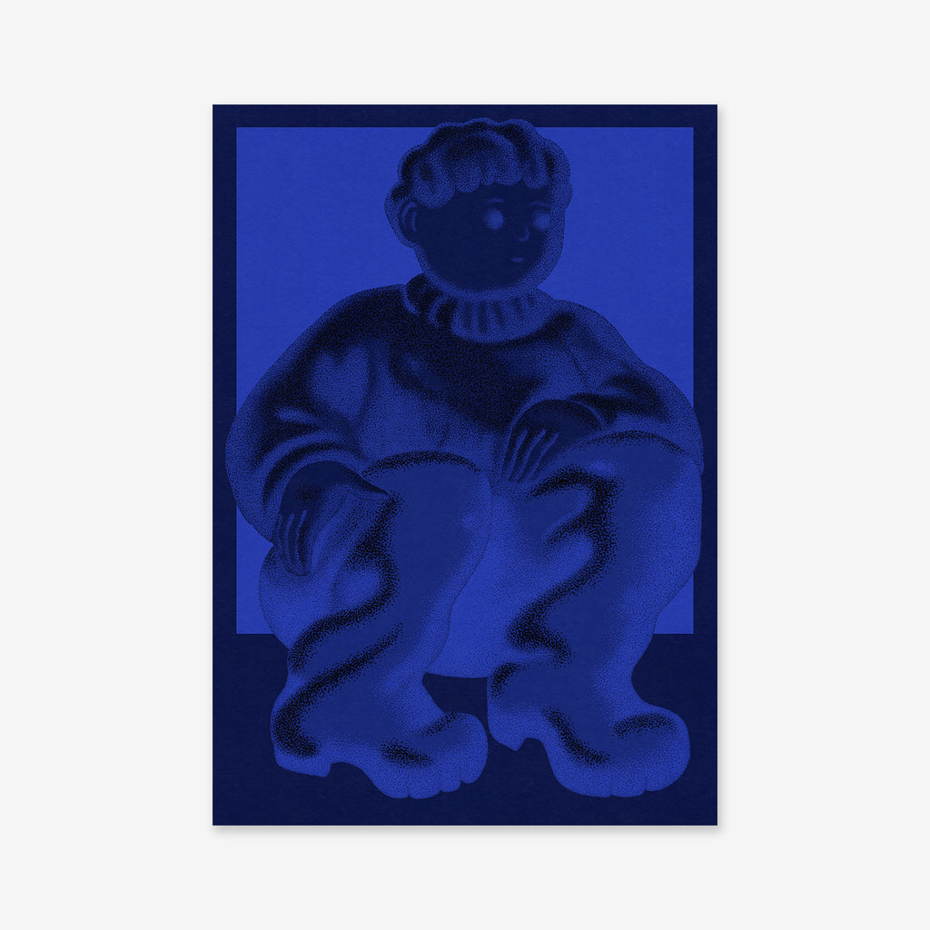 A stylized illustration titled "Hiding" depicts a figure with curly hair and loose clothing, sitting with bent knees in rich blue and purple hues on a rectangular blue background—ideal as a Giclée art print for modern interiors.
