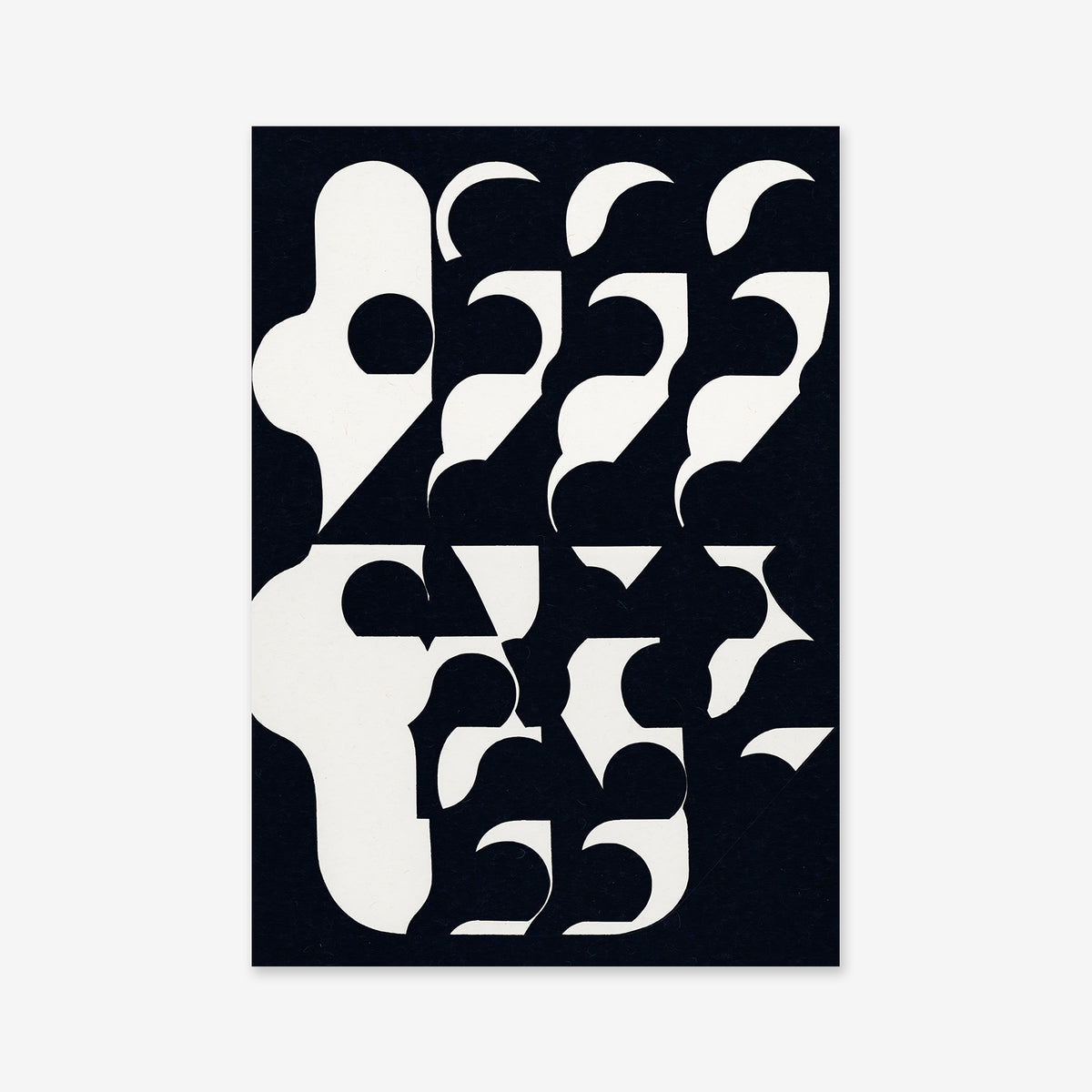 High five is an abstract black and white giclée art print featuring bold, rounded geometric shapes and negative space in a repeating pattern, creating an optical illusion of depth—ideal for any modern interior.