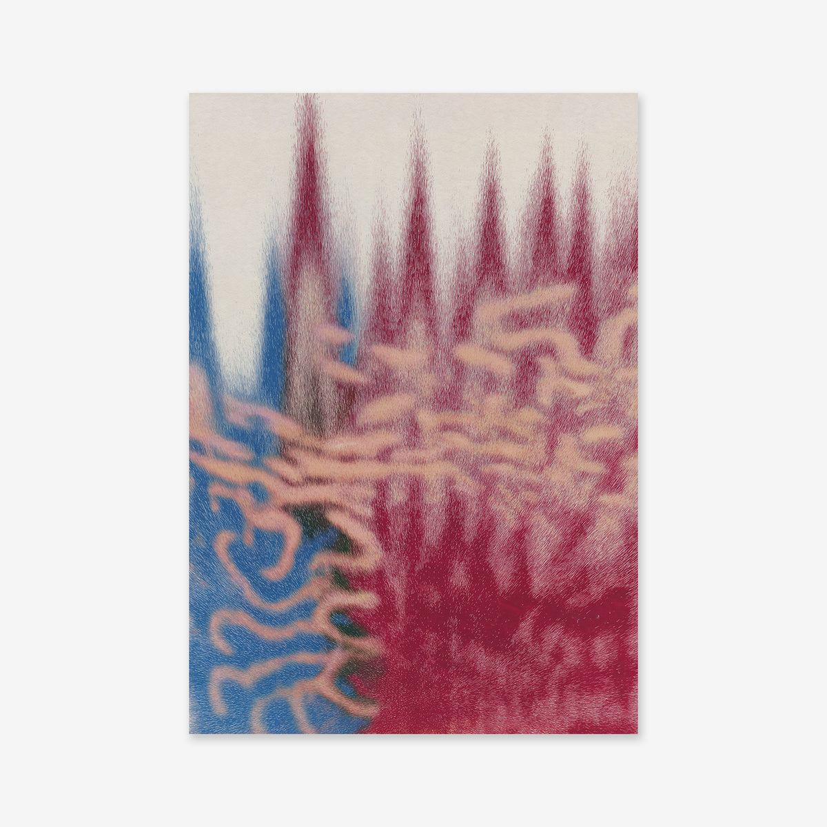High features jagged red and blue shapes blending at the center beneath pale pink wavy lines. Printed as a Giclée art print on archival paper, its off-white background enhances vibrancy for dynamic impact in modern spaces.