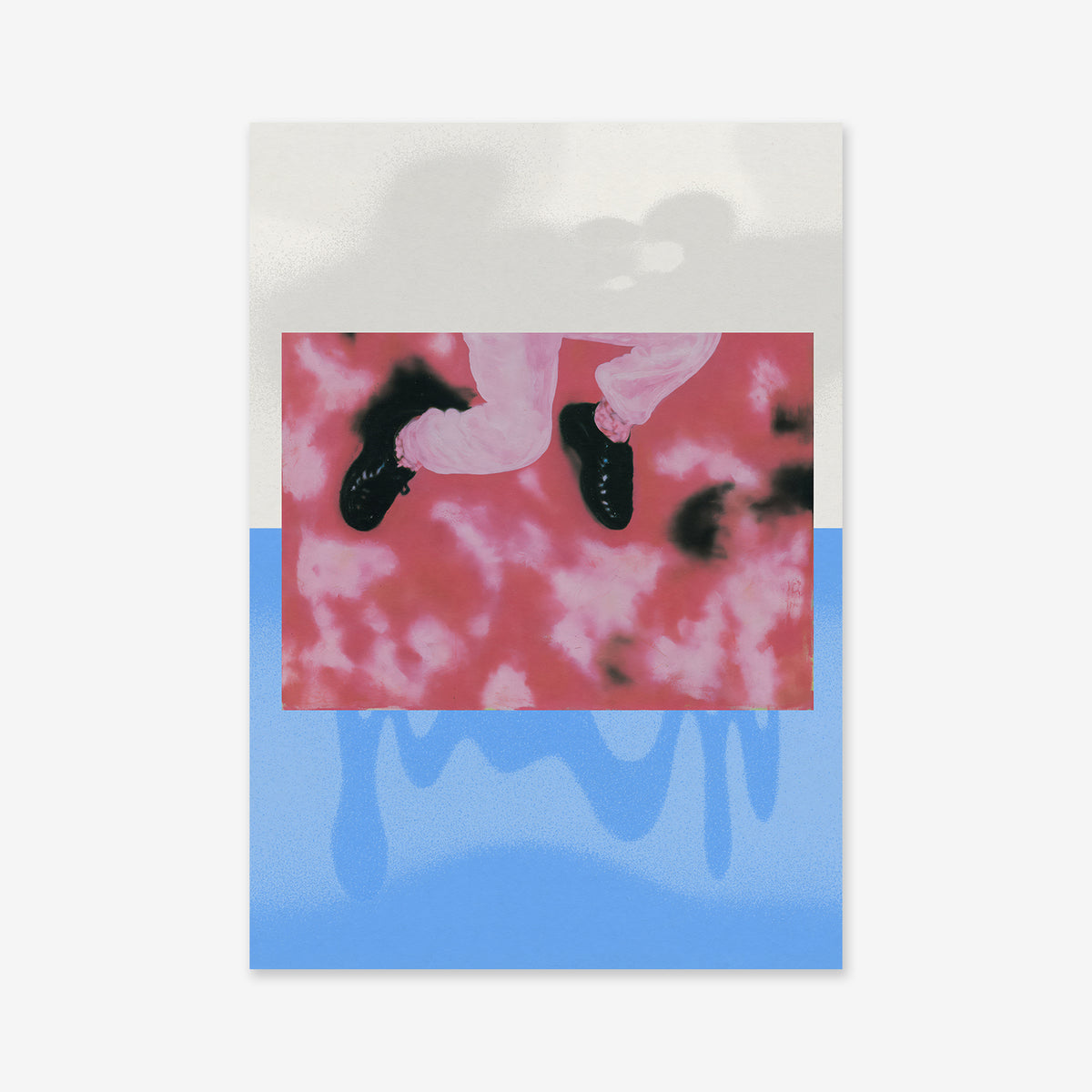 The "Higher Grounds" giclée art print showcases legs in white pants and black shoes against a pink and black marbled background, finished with a blue and white gradient. Printed on archival paper—ideal for modern interiors.