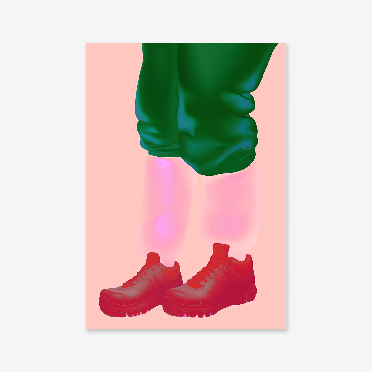 Hiking Legs" is a giclée art print depicting only lower legs in green pants and red sneakers with glowing pink shins on a light pink background—perfect for modern spaces. Upper body not shown.