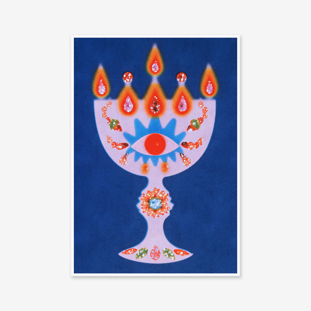 Holy Cup No. 1 features a central-eyed chalice with six flaming drops and vibrant designs on a deep blue backdrop—an ideal giclée art print to enhance any modern space.