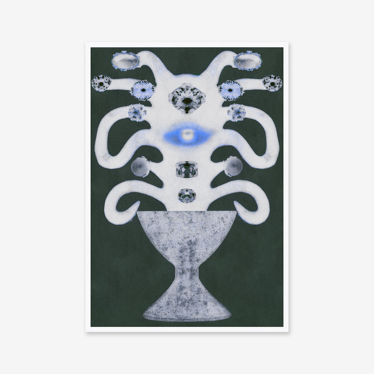 Holy cup No. 4 features abstract chalice art with swirling white forms, gem-like details, and a blue eye on a dark green background—a striking Giclée art print for modern interiors.