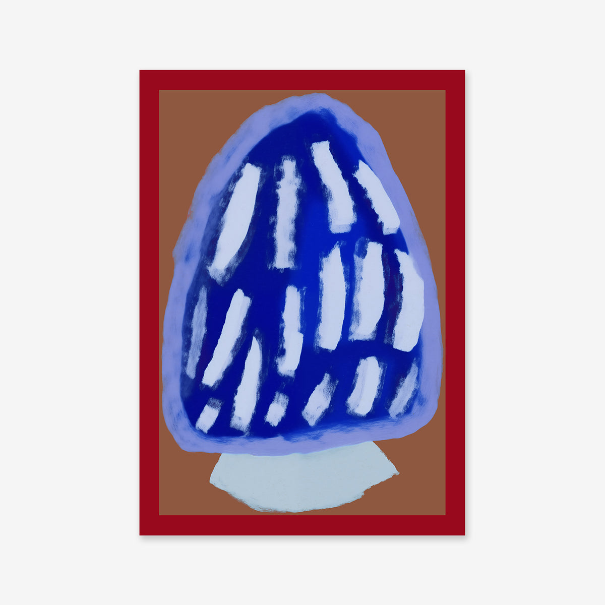 Holy egg No. 3 features a blue, rounded tree-like form with white rectangles on a brown background and red border. This eye-catching giclée print on archival paper is ideal for modern interiors.