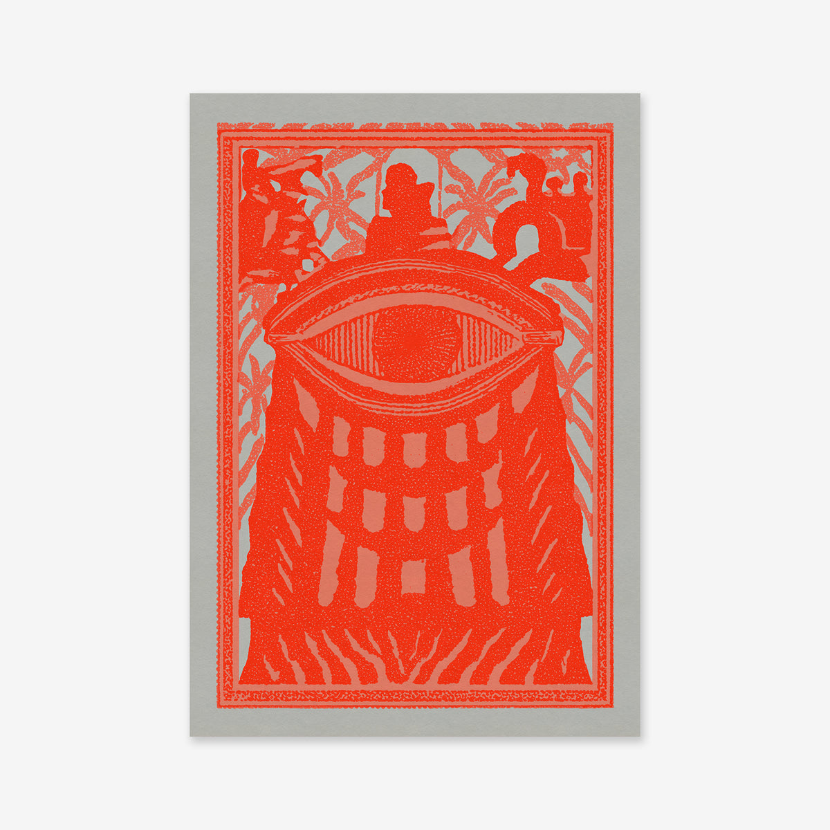 Holy eye No. 2 is a striking Giclée art print on archival paper, featuring a bold red abstract design with a central eye, silhouetted figures, and foliage—perfect for adding modern flair to any interior.