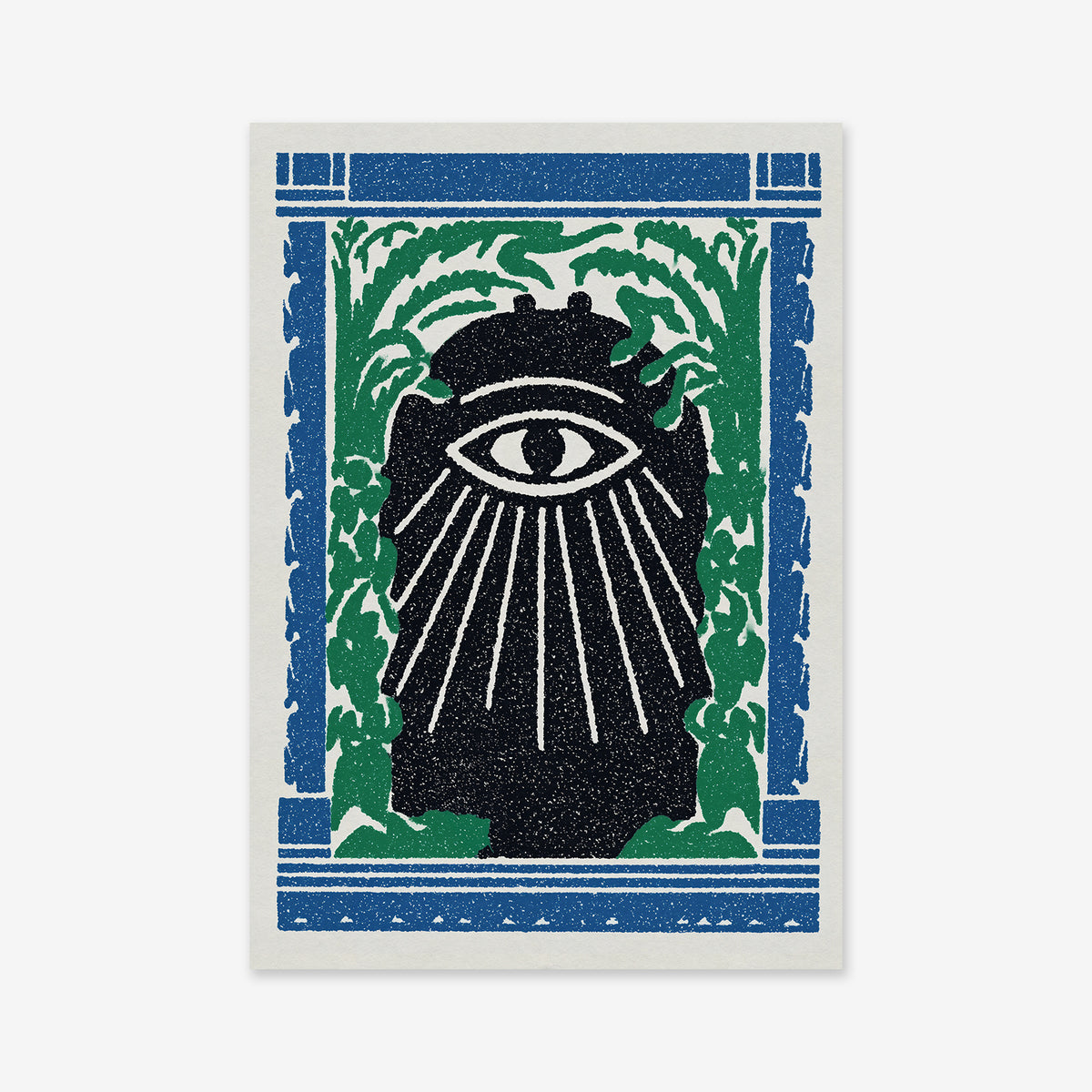 Holy Eye is a striking Giclée art print featuring a dark, abstract figure with one large eye, surrounded by green vines and blue borders—perfect for adding modern flair to your space.