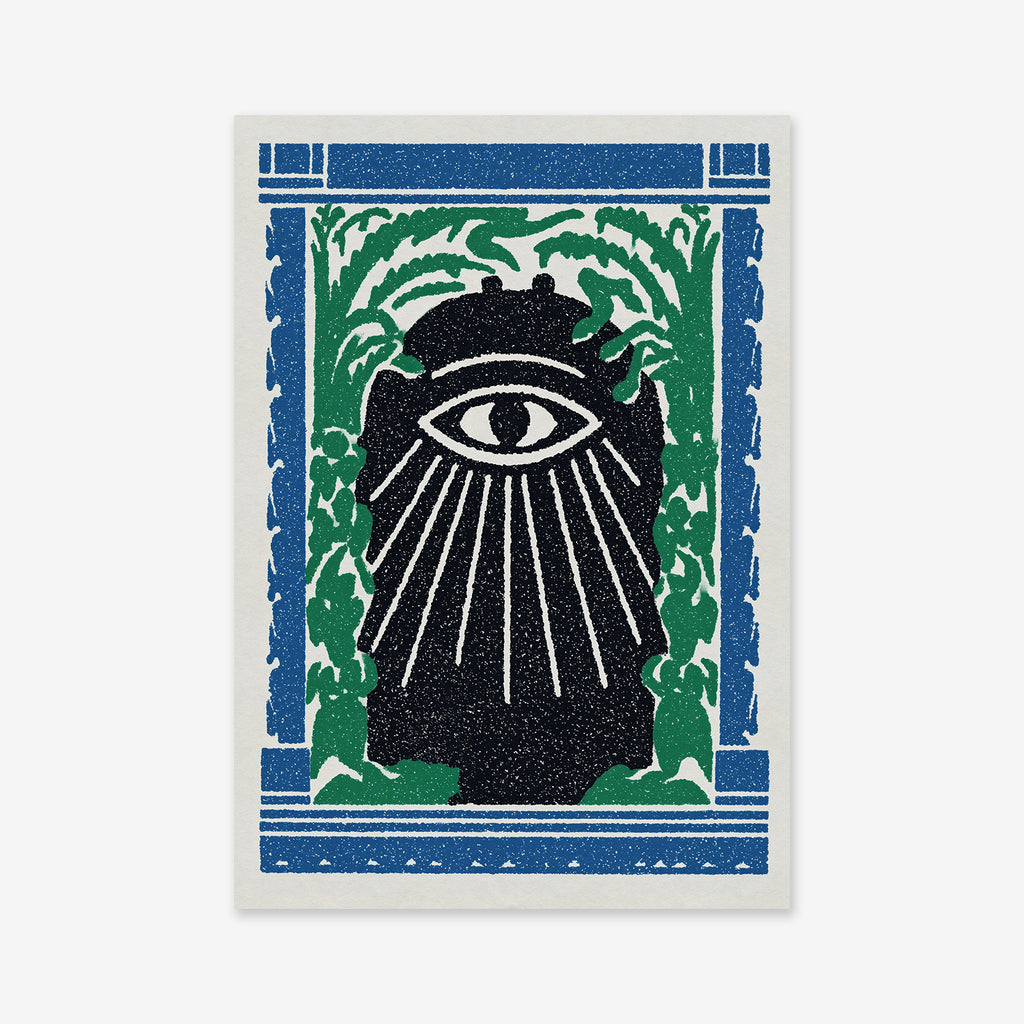 Holy Eye is a striking Giclée art print featuring a dark, abstract figure with one large eye, surrounded by green vines and blue borders—perfect for adding modern flair to your space.