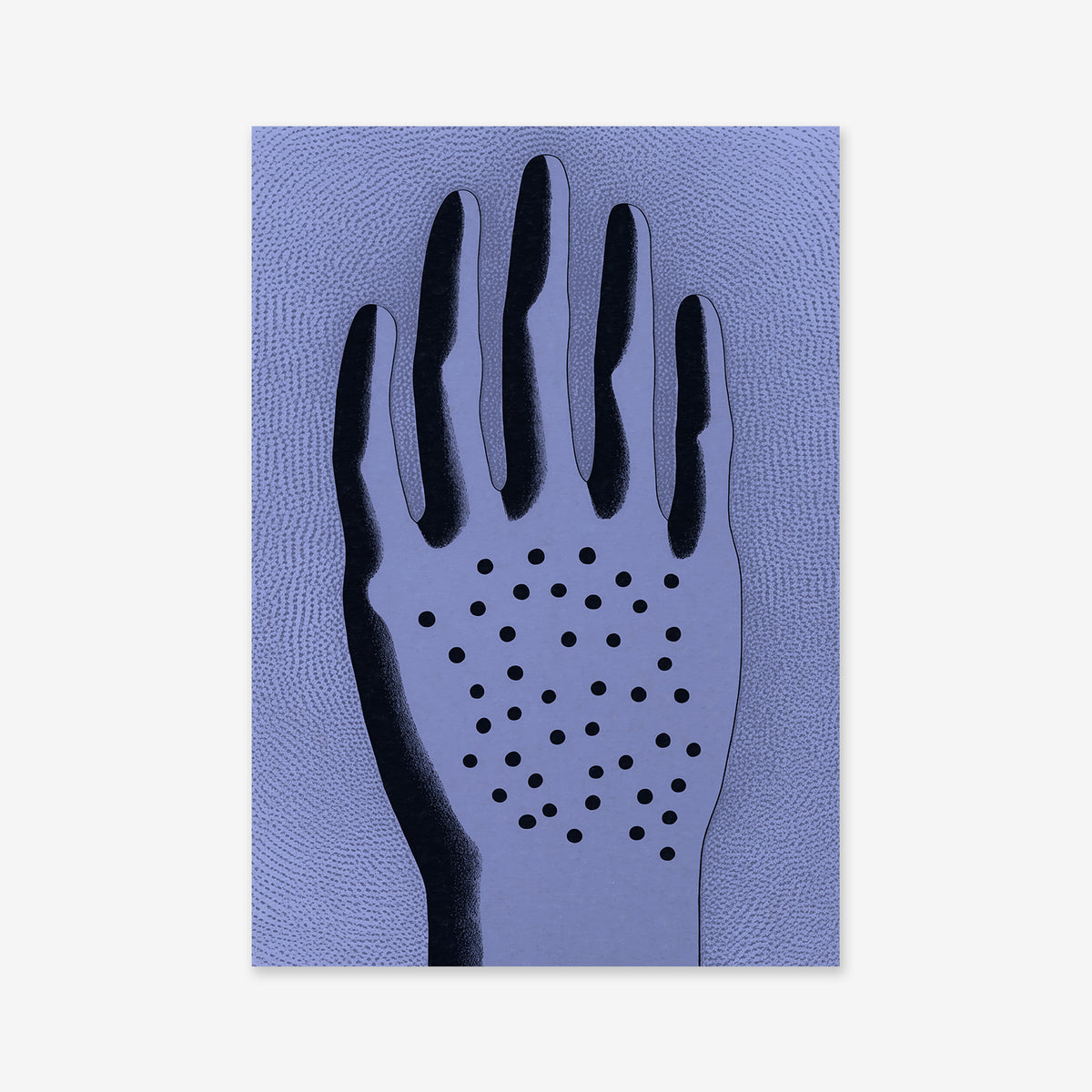 Holy hand No. 2 is a striking giclée art print featuring a stylized hand on a textured purple background with black shadowing and evenly spaced black dots—perfect for any modern interior.