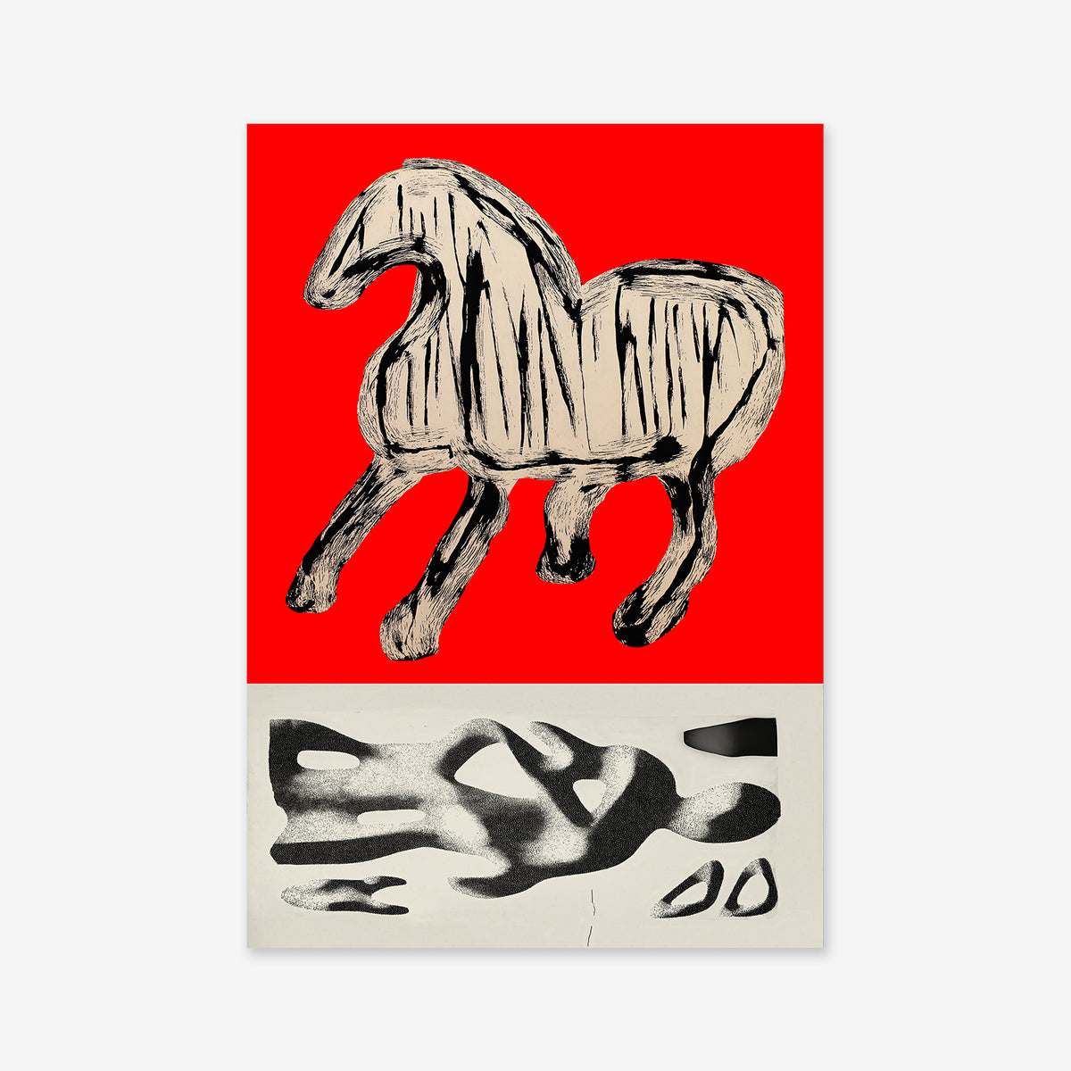 Horse archaeologist No. 1: Abstract art with a black brushstroke horse on bold red above black-and-white organic shapes. Ideal as a Giclée print to elevate any modern interior.