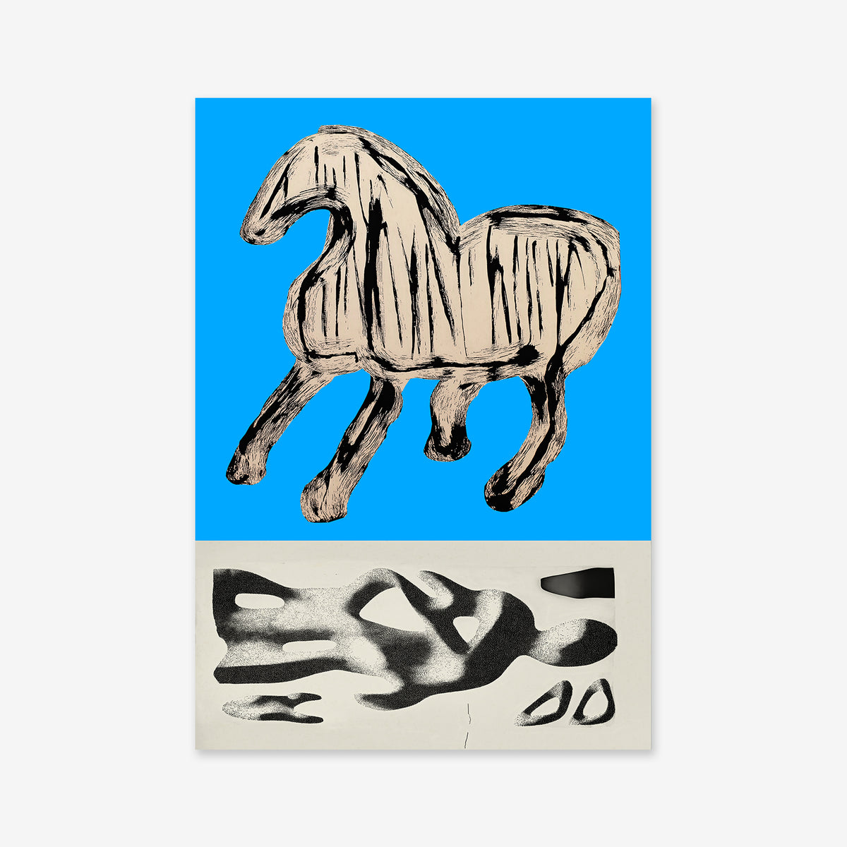 Horse archaeologist No. 2 features a stylized abstract horse in bold black brushstrokes over blue and beige, accented with irregular black shapes—an ideal Giclée art print for contemporary interiors, reproduced on archival paper.