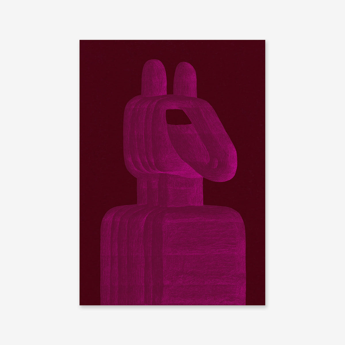 The "Horse bust" art print features geometric, rounded shapes with ear-like forms in purple on a deep burgundy background. Printed as a Giclée on matte archival paper, it offers a minimalist accent for modern interiors.