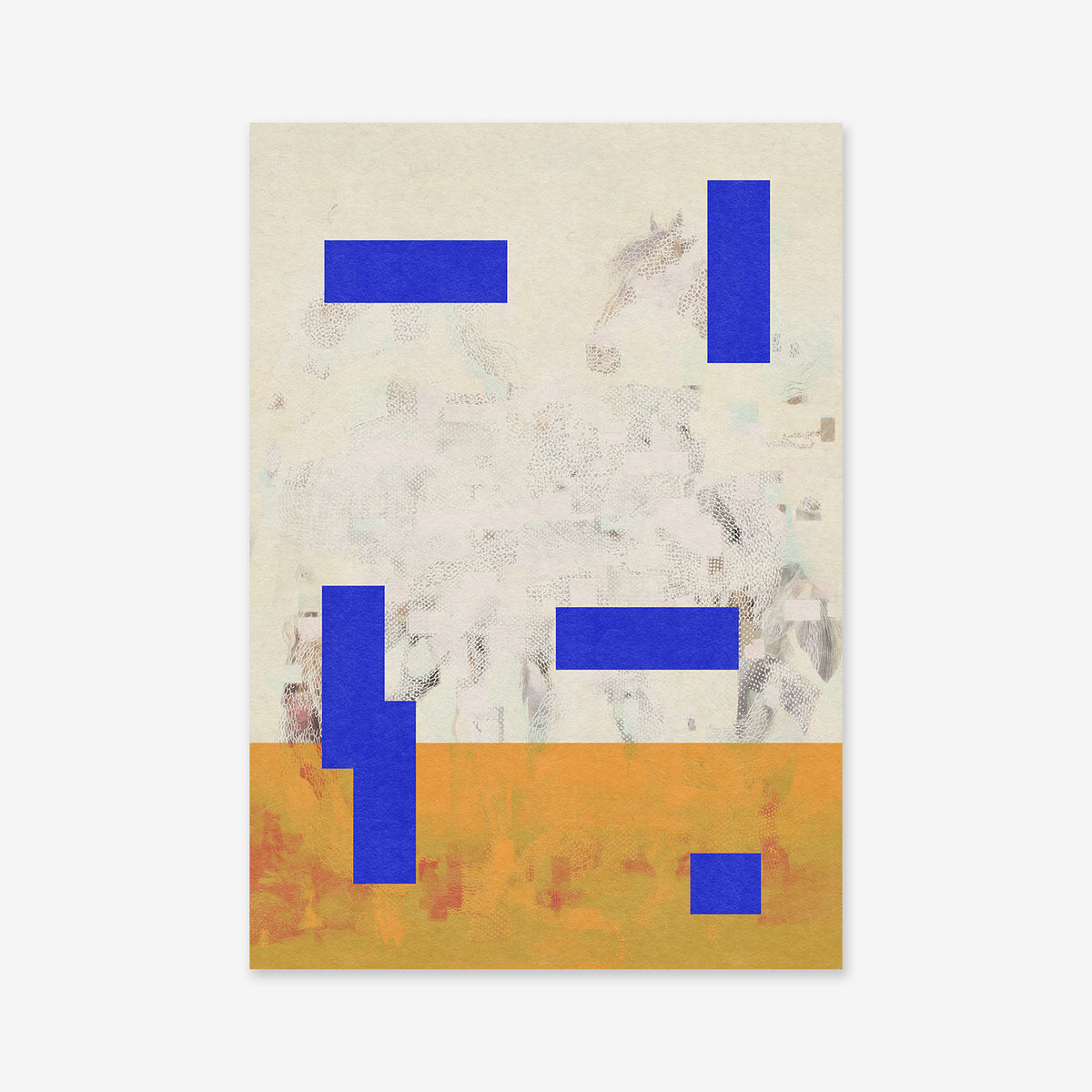 Horse ghost: Abstract artwork with a beige and orange backdrop, scattered blue geometric rectangles, and faint textured patterns—an ideal giclée art print to enhance any modern interior.