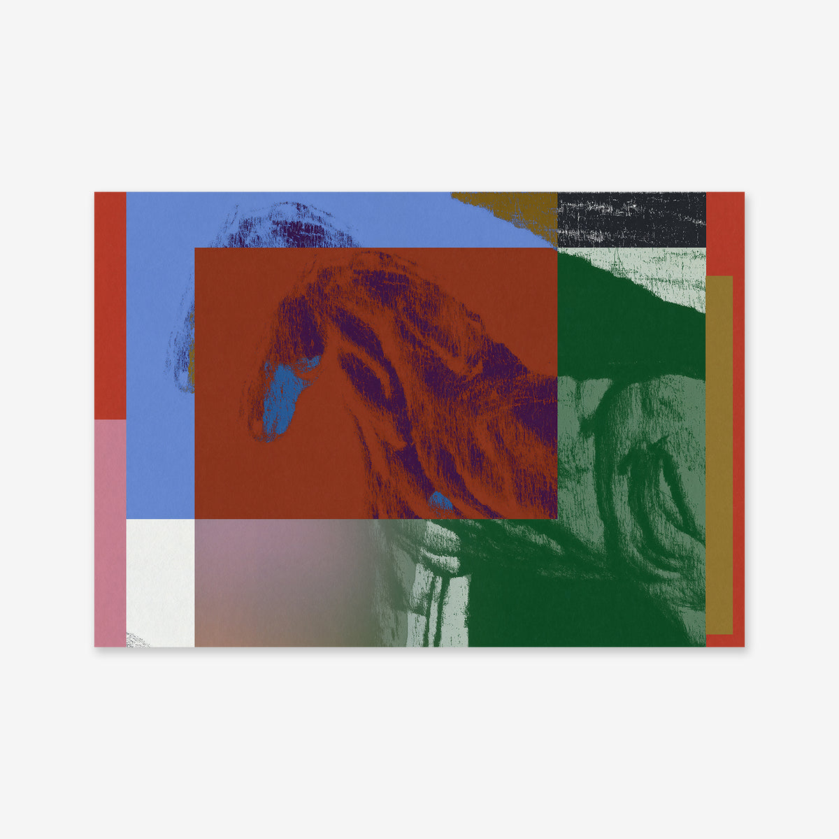 Horse on horse" is an abstract digital artwork with overlapping red, green, blue, and muted rectangles. Faint outlines of a horse's head and mane appear beneath the shapes—ideal as a Giclée art print for modern interiors.