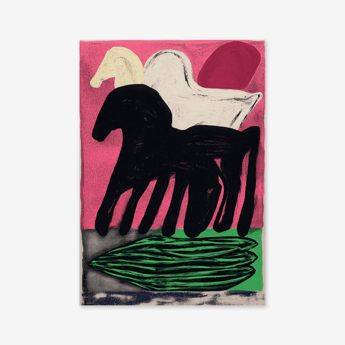 Horse race" – an abstract painting of a bold black horse-like figure before a smaller white horse on a pink background, accented by a red semicircle and green leaf shape—ideal as a Giclée art print for contemporary interiors.