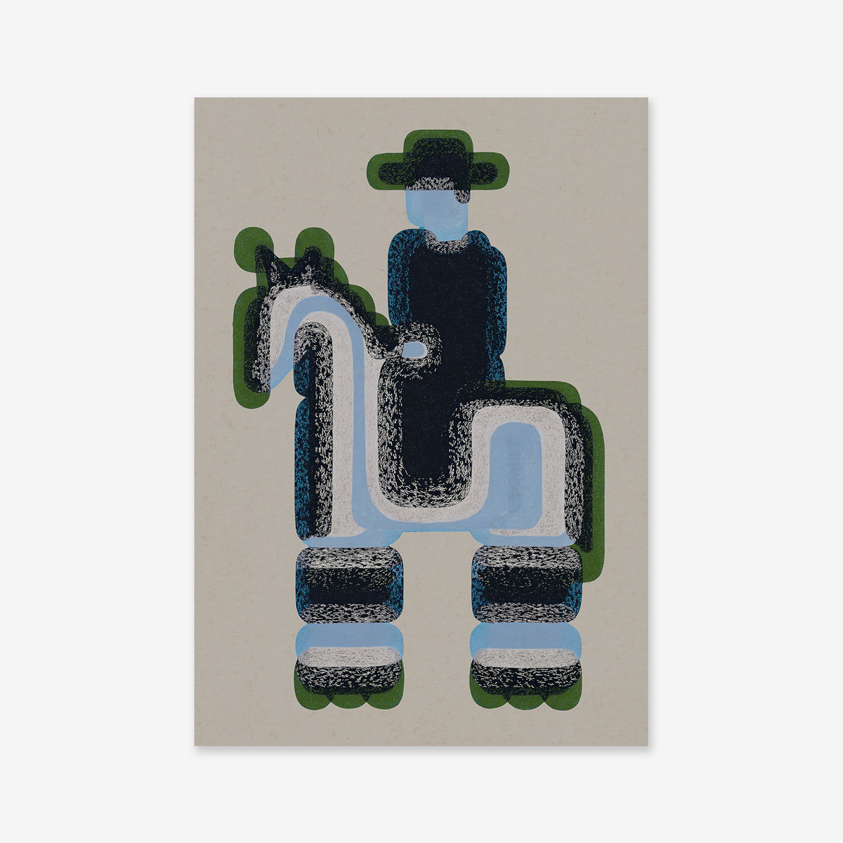 Horse riding No. 1: A bold giclée art print featuring an abstract person in a hat on horseback, with blue, black, white, and green brushstrokes over beige. Perfect for adding style to any modern space.