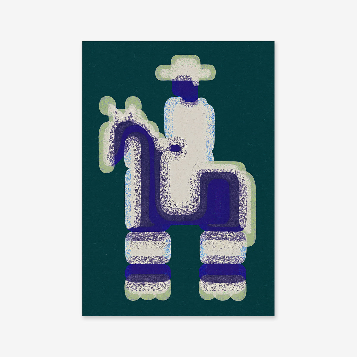 Horse riding No. 2 is a stylized, abstract illustration of a person in a hat on horseback, crafted with bold blue, white, and green strokes on dark green—perfect as a Giclée art print for modern interiors.