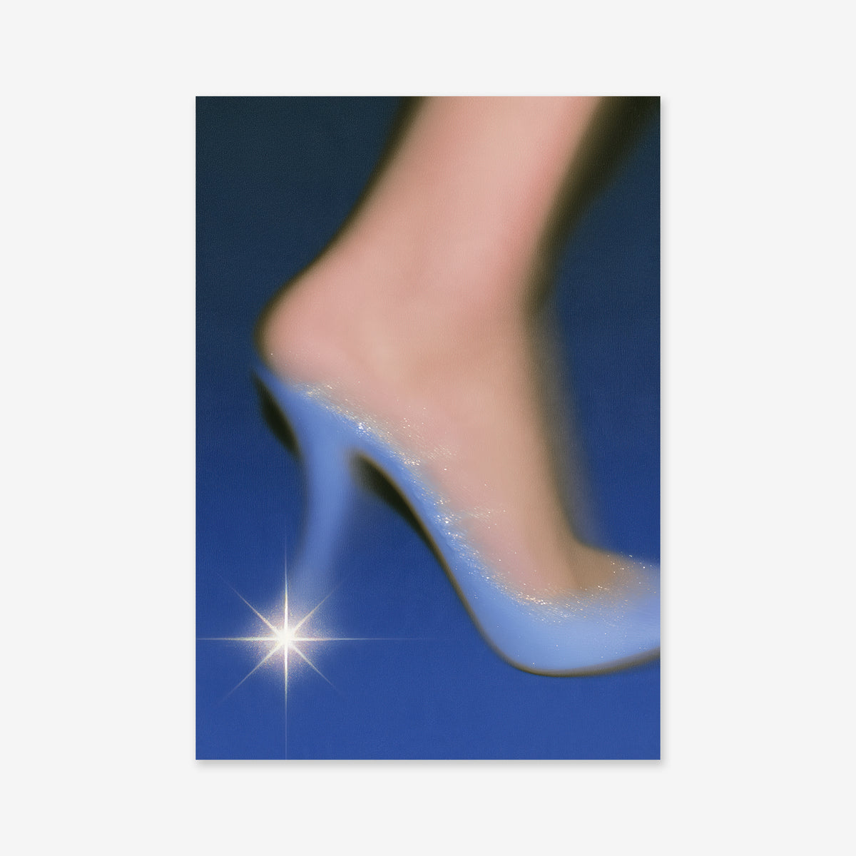 A blurred foot wearing the Hot, a glowing, sparkling light-blue high-heeled shoe against a dark blue background, presented as a Giclée art print with a bright starburst effect near the heel.