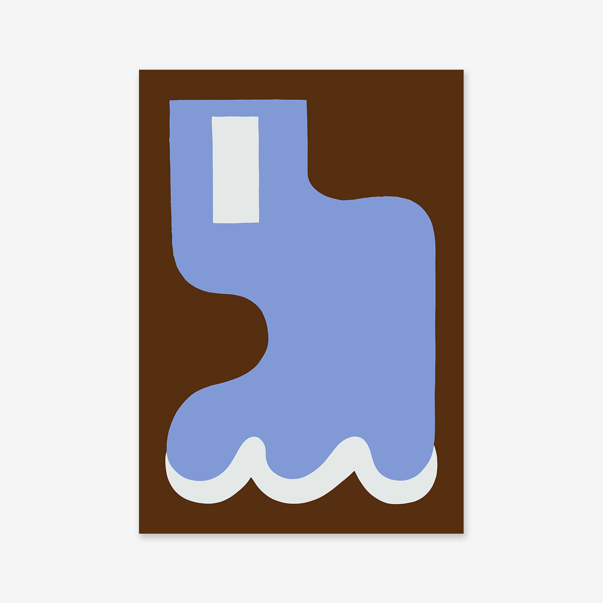 House by the sea No. 1" is an abstract artwork with a blue, boot-like shape, white wavy base, and white rectangle atop a dark brown background—ideal as a giclée art print for modern interiors.