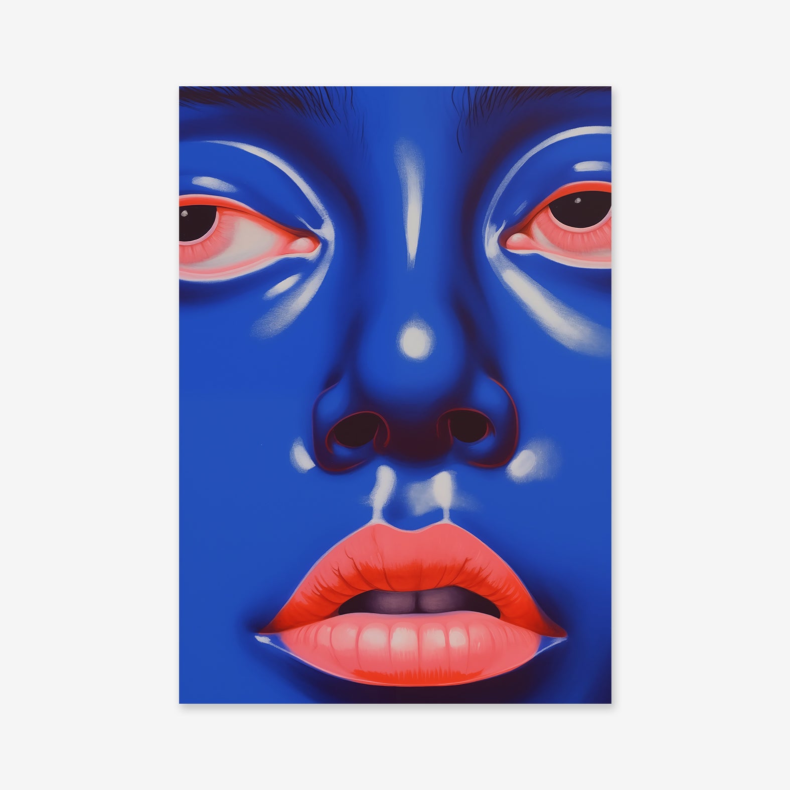I don't care No. 1" is a stylized digital painting of a human face with vibrant blue skin, glossy pink lips, and pink eyes—boldly highlighted and smoothly shaded, perfect as a giclée art print for any modern interior.