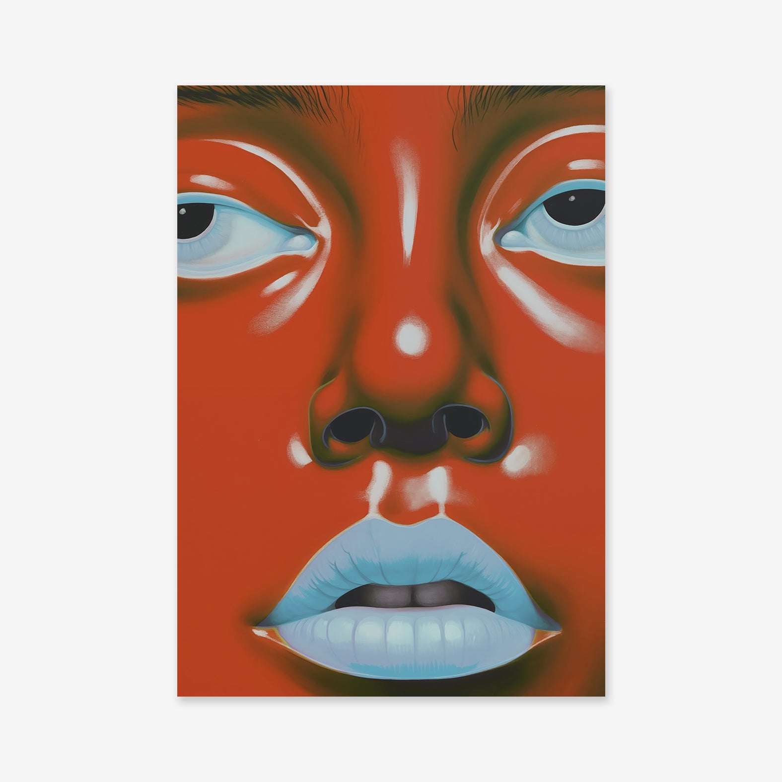 “I don't care No. 2” is a surreal close-up digital illustration of a red-skinned face with blue-tinted lips, focusing on the eyes, nose, and mouth—ideal as a Giclée art print to add bold flair to any modern interior.