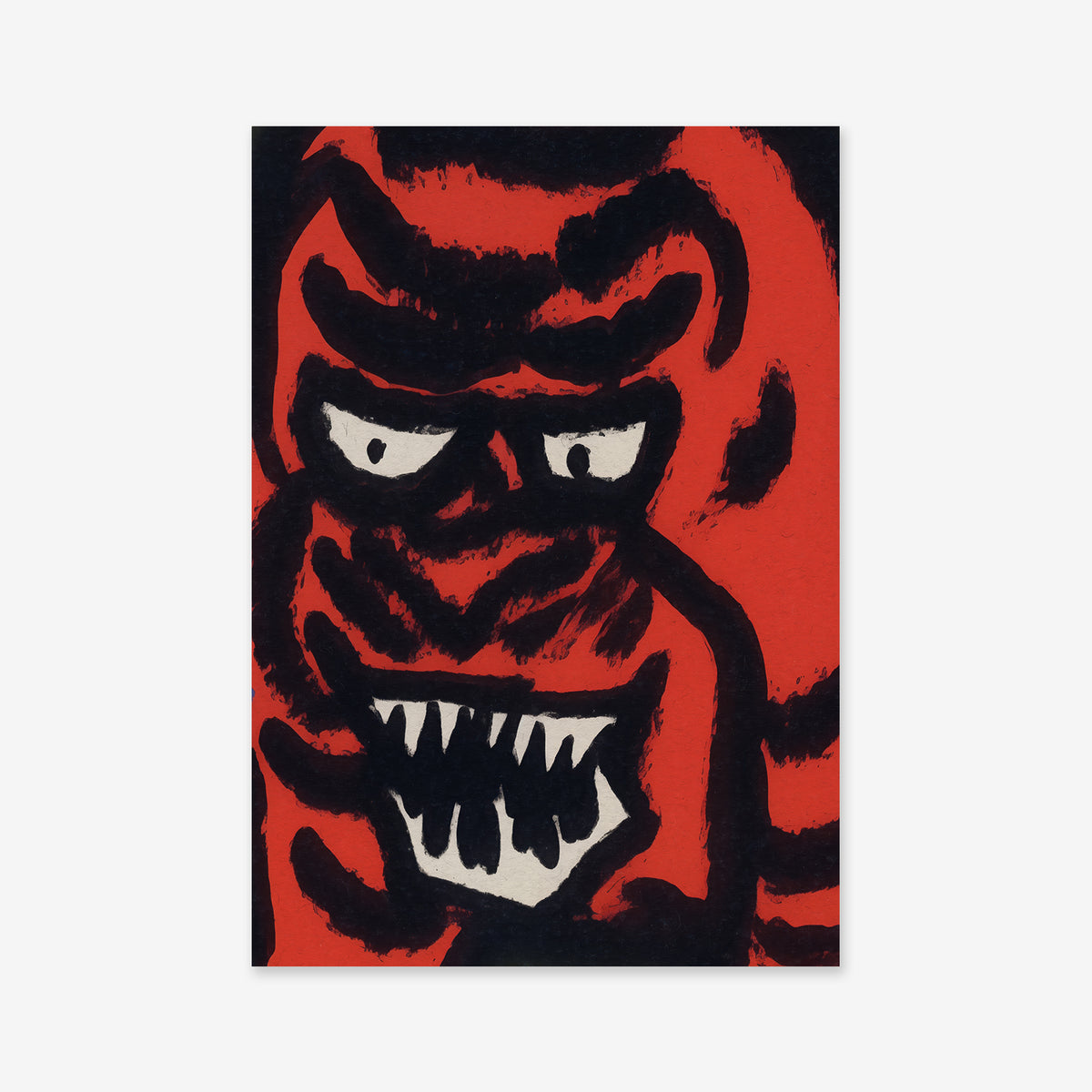 “I laugh at you” is a bold Giclée art print featuring a red and black creature with sharp teeth and fierce white eyes, adding an intense, menacing vibe to any modern space. Printed on matte archival paper for lasting impact.