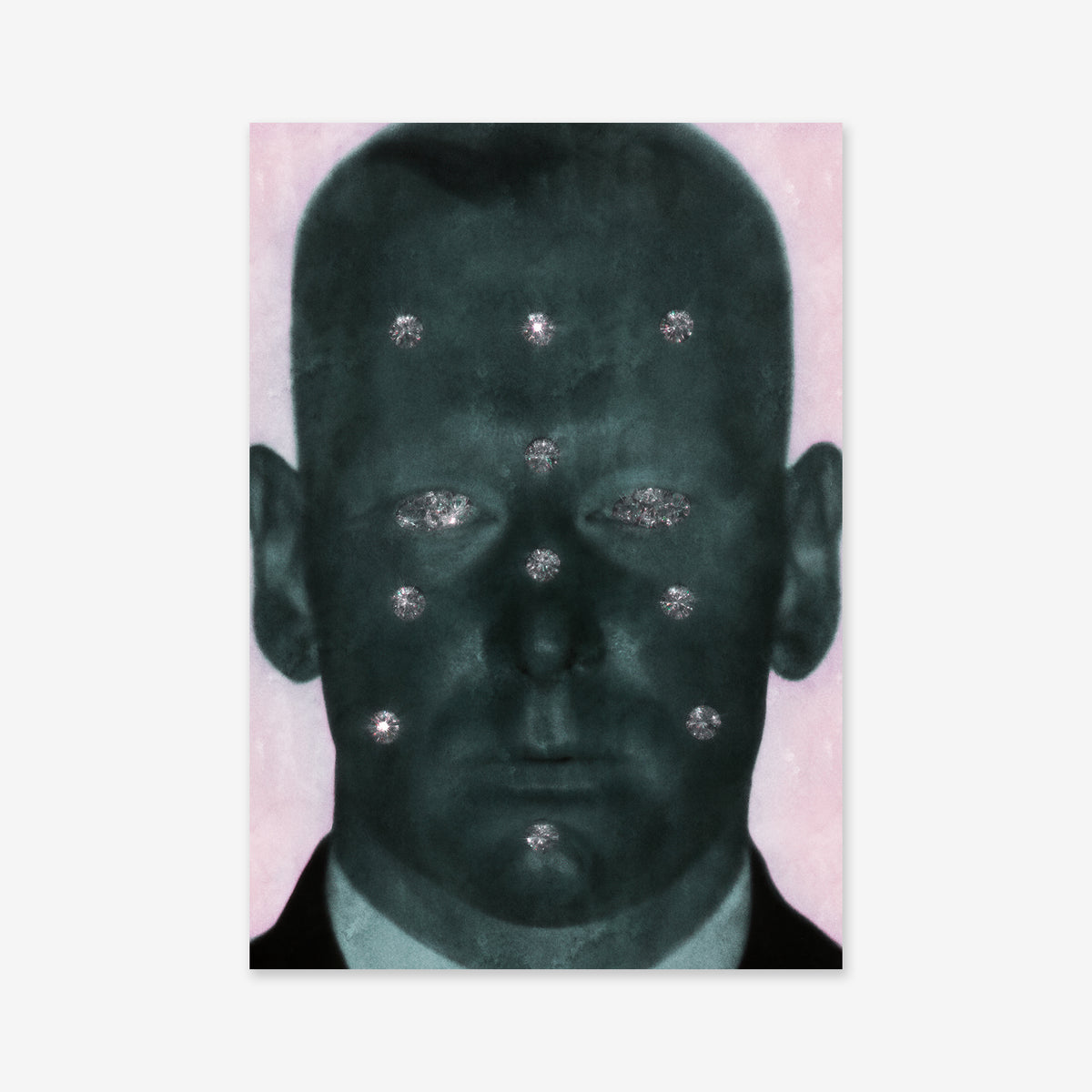 A dark, abstract image of a man’s face with sparkling silver spots on pale pink—Icing makes a striking Giclée art print for modern interiors, printed on premium archival paper.