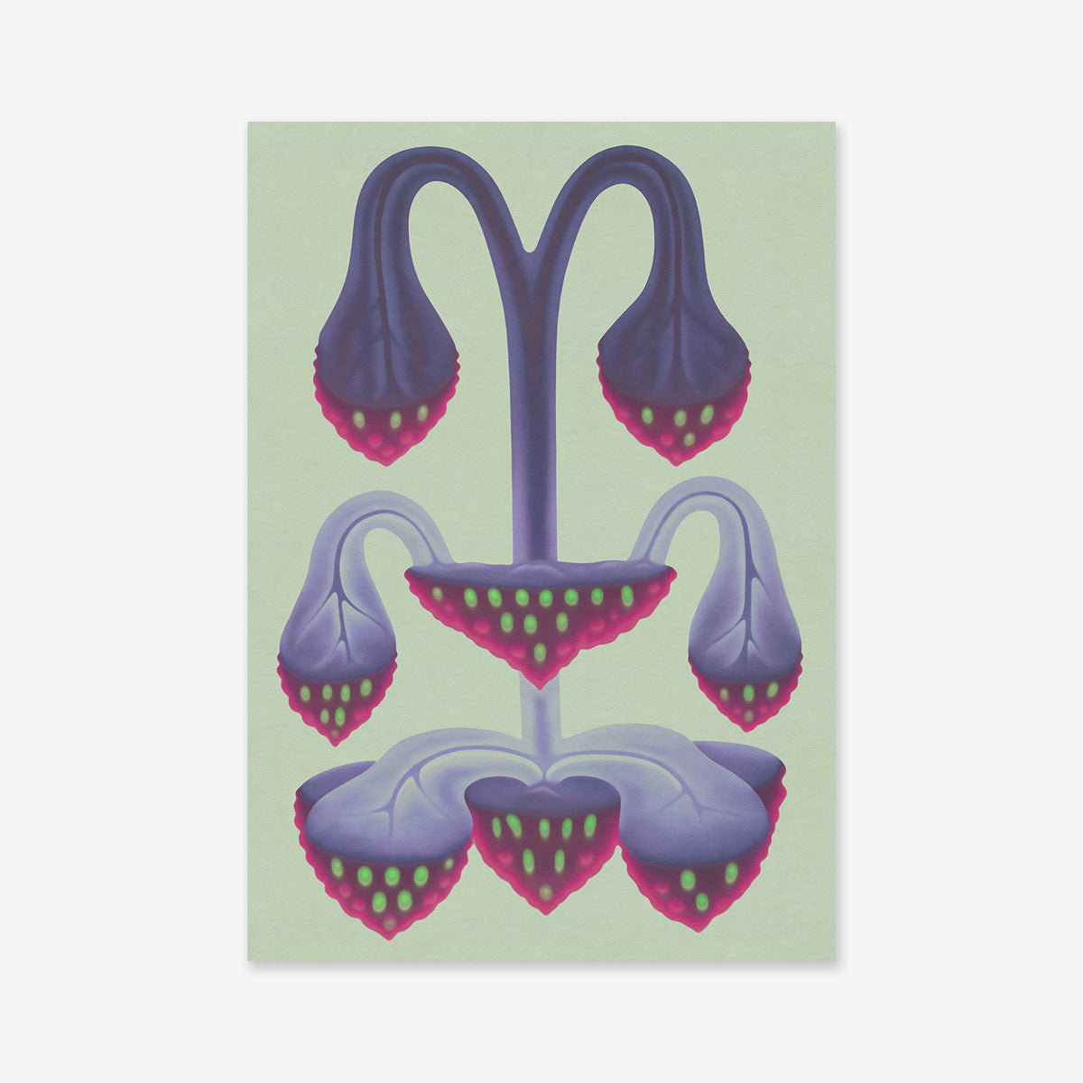 “Imaginary flower” is a giclée art print featuring an abstract plant with purple, drooping stems and bulbous ends dotted in green with pink edges, all set against a pale green background—ideal for modern interior decor.