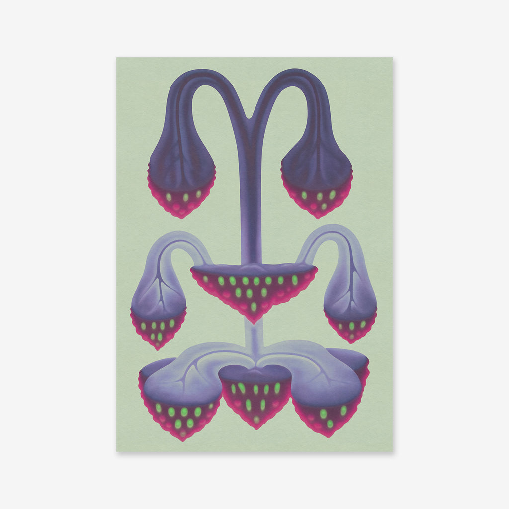 “Imaginary flower” is a giclée art print featuring an abstract plant with purple, drooping stems and bulbous ends dotted in green with pink edges, all set against a pale green background—ideal for modern interior decor.