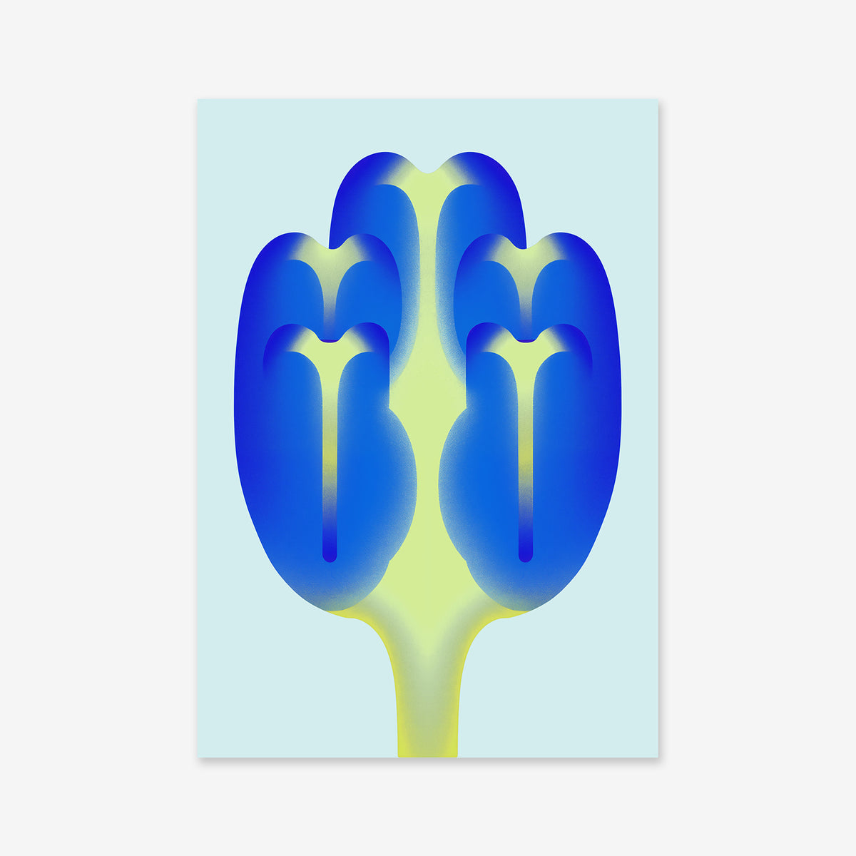Imagine flowers No. 1 is a Giclée art print featuring a minimalist tulip with three blue petals and soft yellow-green gradients on a pale blue background, ideal for modern interiors with its abstract, rounded shapes.