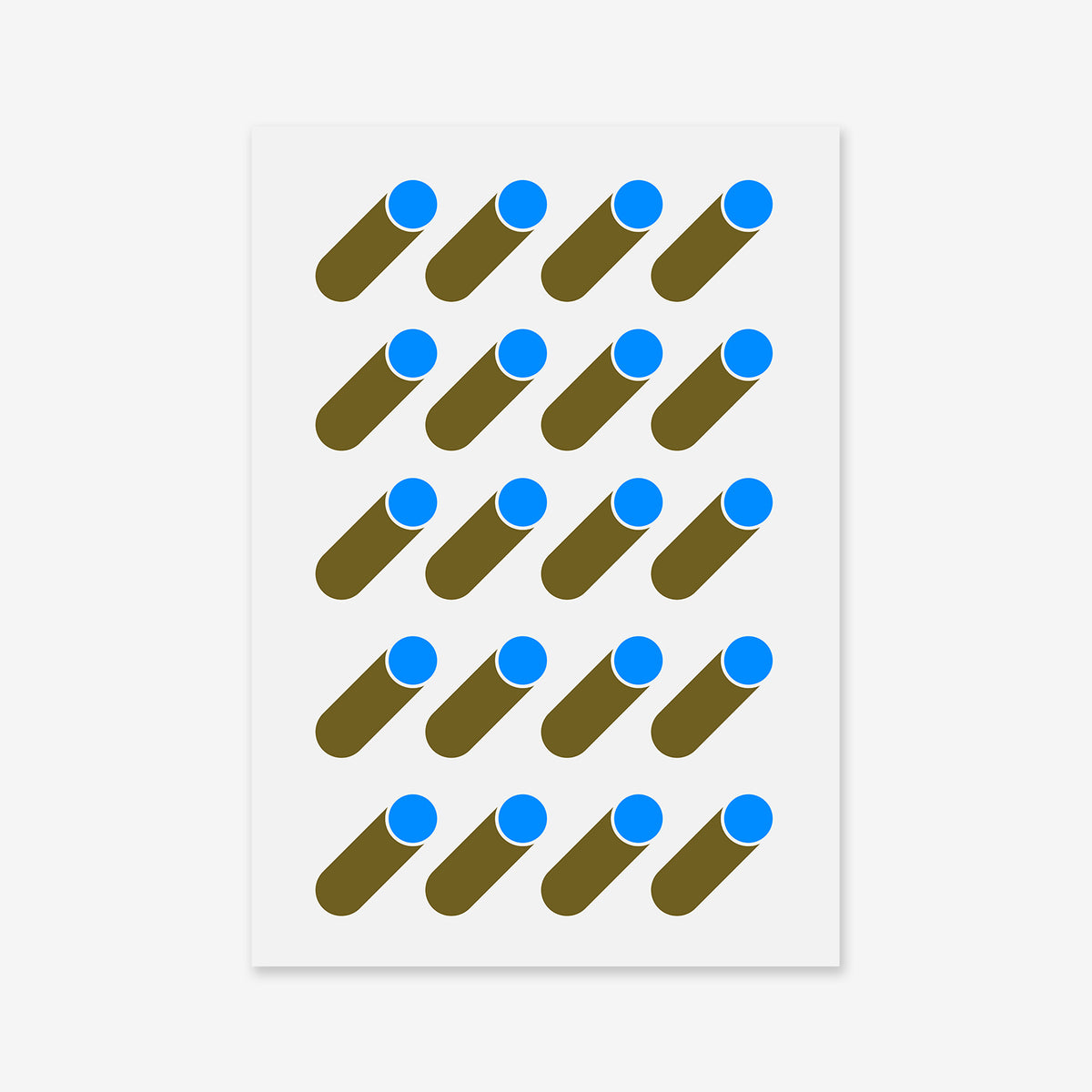 “In line No. 1” features a grid of blue circles with brown diagonal shadows on a white background, forming a repeating geometric pattern—ideal as a Giclée art print for modern interiors.