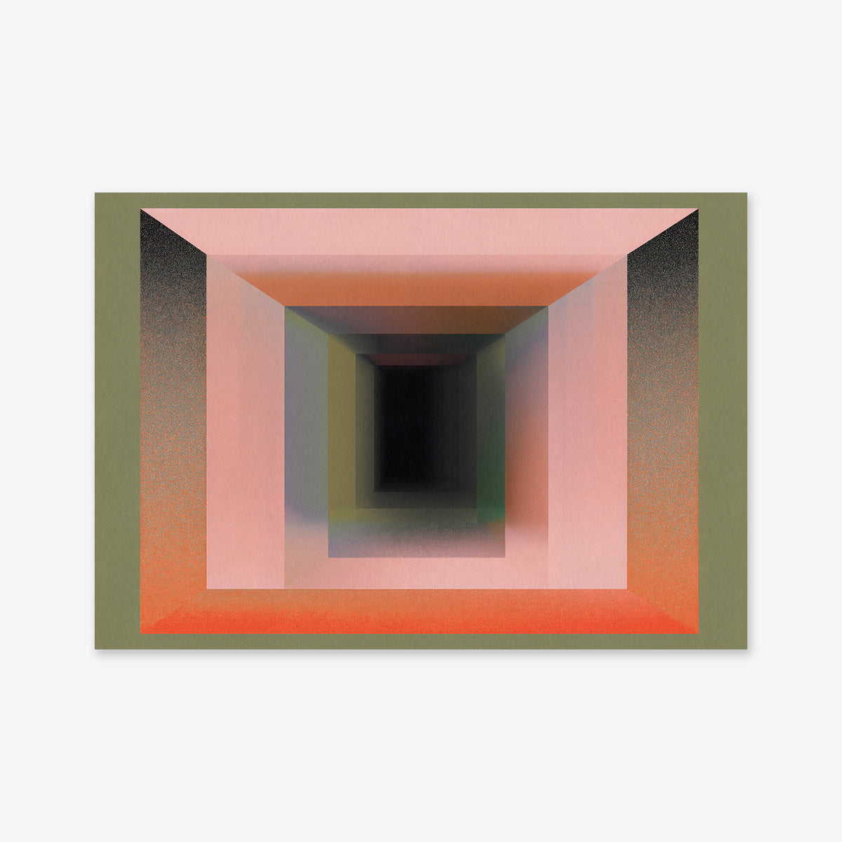 Infinity hallway No. 1 is an abstract geometric giclée art print with layered rectangular frames in pink, orange, black, and olive green, creating a tunnel illusion—ideal for adding depth to modern interiors. Printed on archival paper.