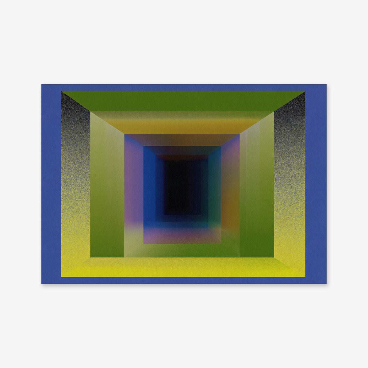 Infinity Hallway No. 2 is a digital artwork of a geometric tunnel with blue, green, yellow, and purple gradient layers that create depth and perspective against a white background—ideal as a modern giclée art print.