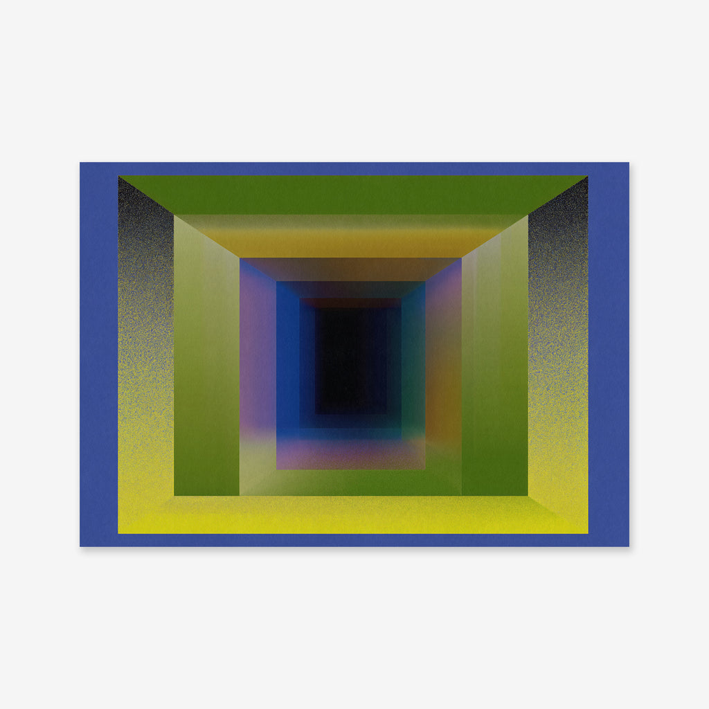 Infinity Hallway No. 2 is a digital artwork of a geometric tunnel with blue, green, yellow, and purple gradient layers that create depth and perspective against a white background—ideal as a modern giclée art print.