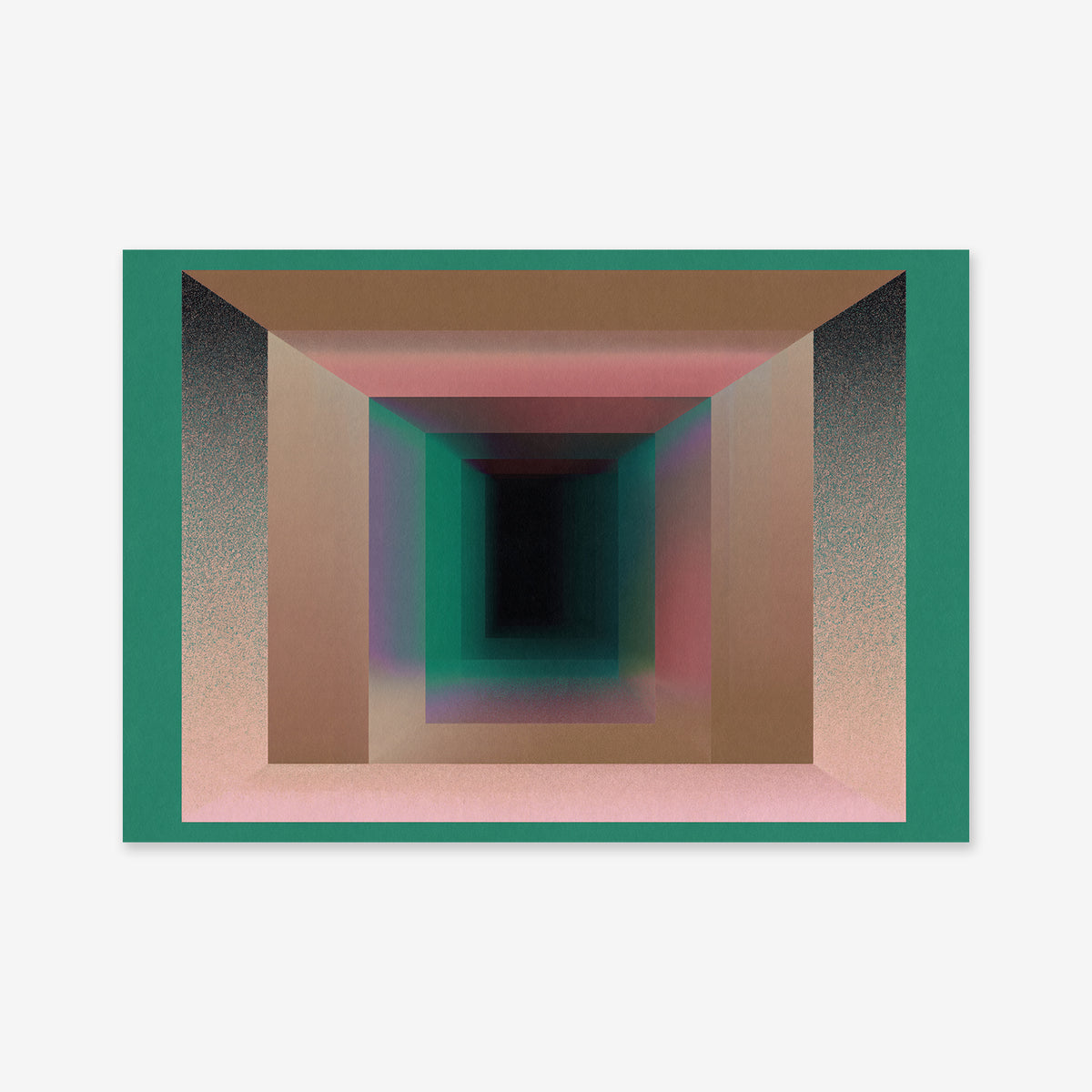 Infinity hallway No. 3 is a giclée art print with abstract geometric tunnel-like squares in green, pink, brown, and black on white. Printed on high-quality archival paper, it adds depth and modern flair to any interior.