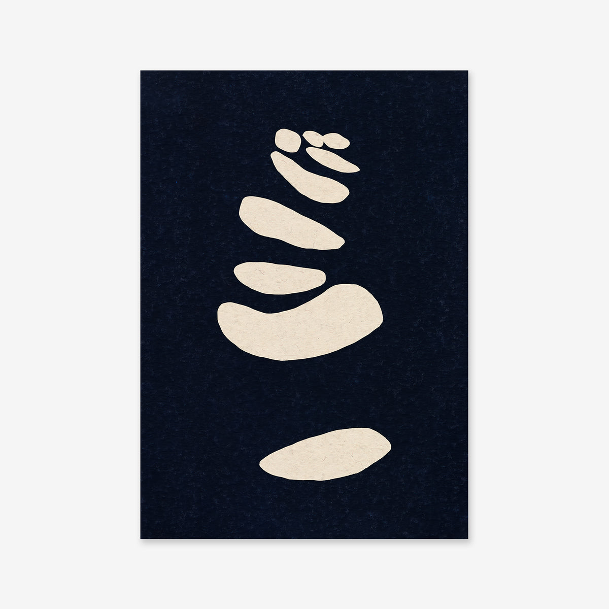 Minimalist giclée art print titled "Inky No. 2," featuring cream-colored, irregular oval shapes stacked vertically on a dark blue background—resembling balanced stones. Perfect for adding modern style to your interior decor.