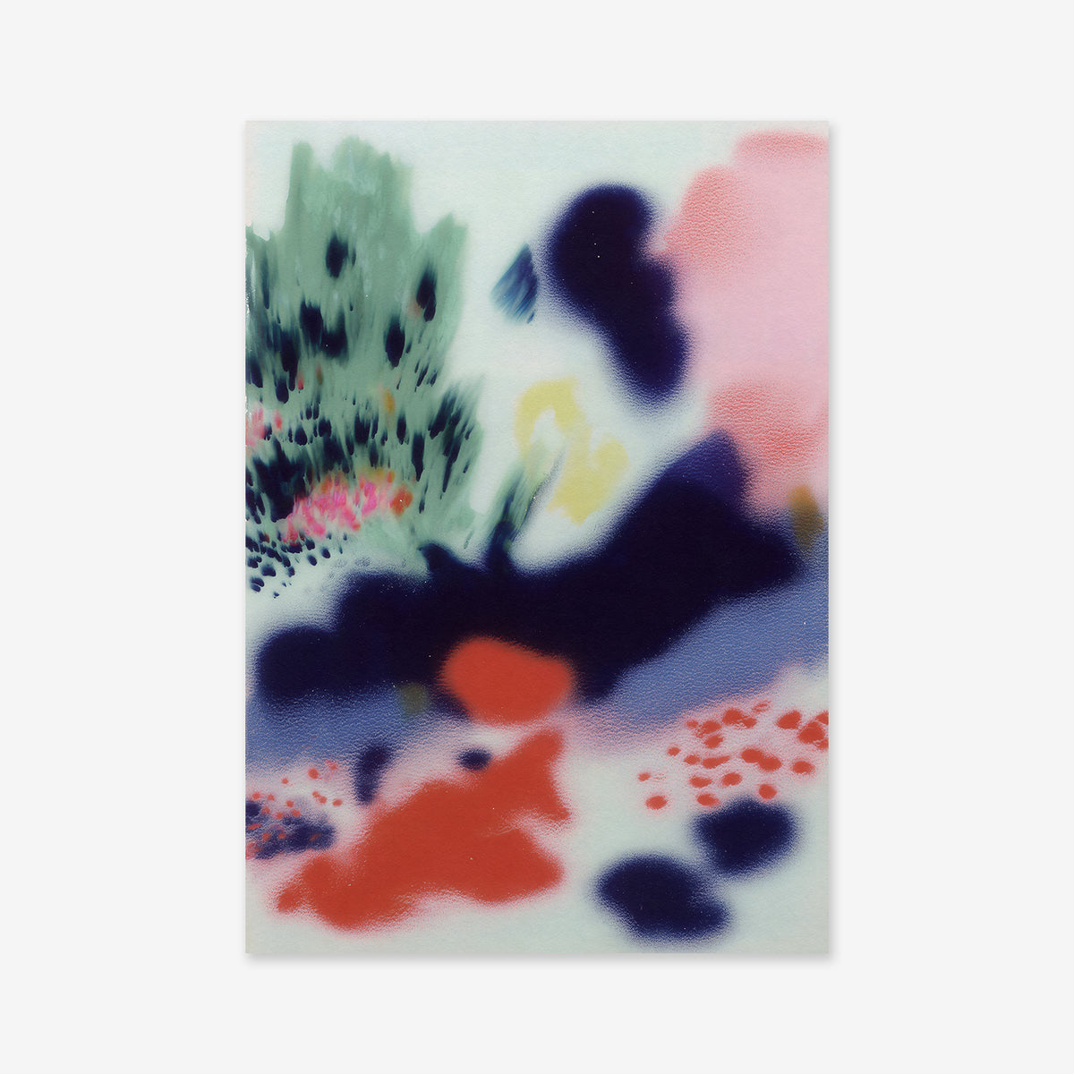 Into the wild No. 1 is an abstract painting with soft-edged greens, pinks, reds, blues, and yellows blended on a light background—ideal as a giclée art print to add a dreamy touch to modern interiors.
