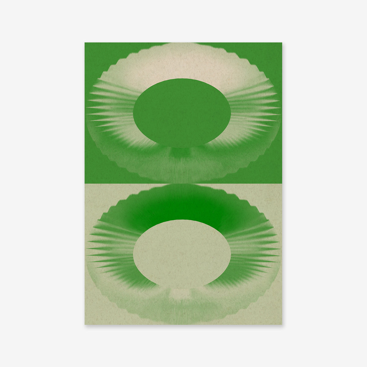Iris No. 1 features two vertically stacked circles with radiating, fan-like patterns in soothing green tones. This giclée art print on archival paper is perfect for modern interiors, showcasing soft, feathered edges.
