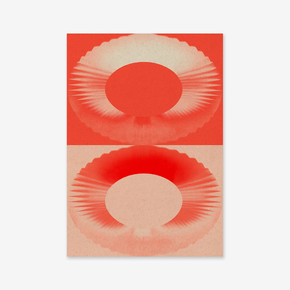 Iris No. 3" is a giclée art print on archival paper featuring two large, vertically stacked oval shapes. Radiating, feathered lines in red and beige highlight each oval, making it perfect for a modern interior.
