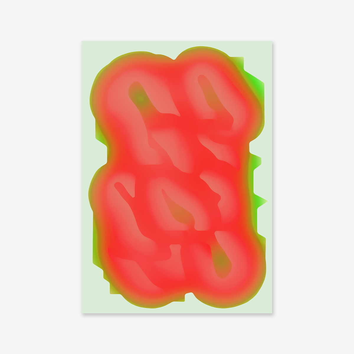 It's a mess No. 1" is a Giclée art print displaying bold, wavy red shapes with soft green edges on a pale green background. Overlapping forms create a vibrant, organic pattern on premium archival paper—perfect for modern spaces.