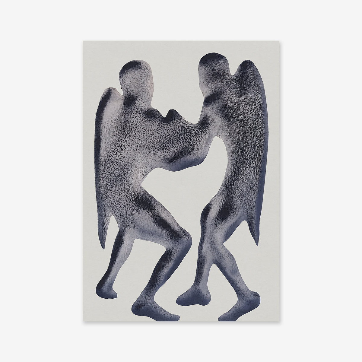 “It’s mine” is an abstract Giclée art print featuring two winged, human-like figures embracing, rendered in textured dark shades on a light background. Printed on quality archival paper, it’s ideal for a modern interior.